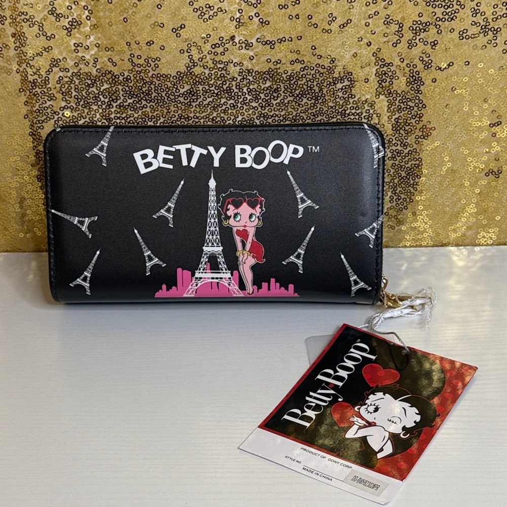 Betty Boop Black and Pink faux leather wristlet Wallet with Eiffel Tower Motif